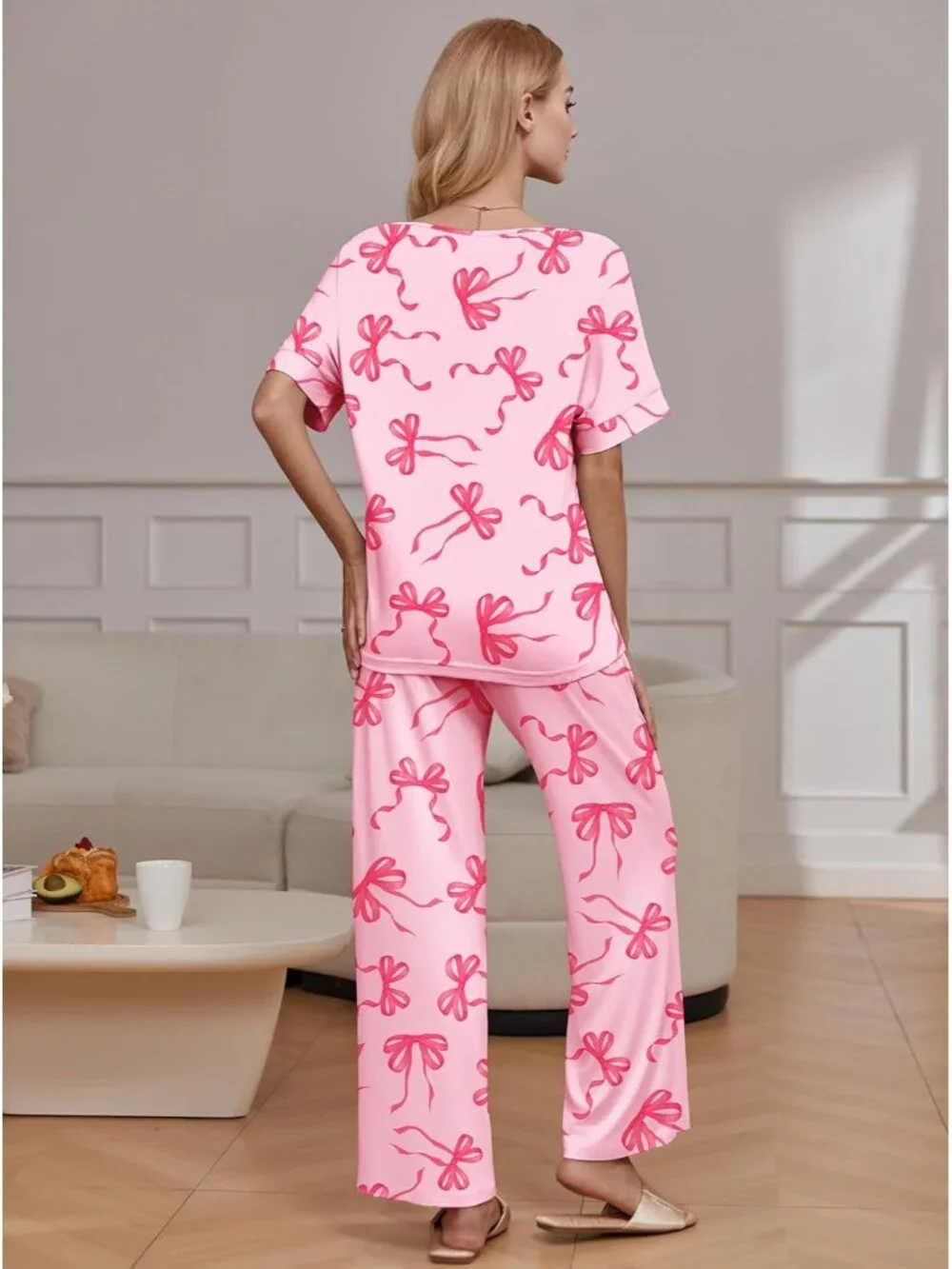 Women's Pink Bow Knot Casual V Neck Short Sleeve Sleepwear 2 Piece Pajama Sets_2